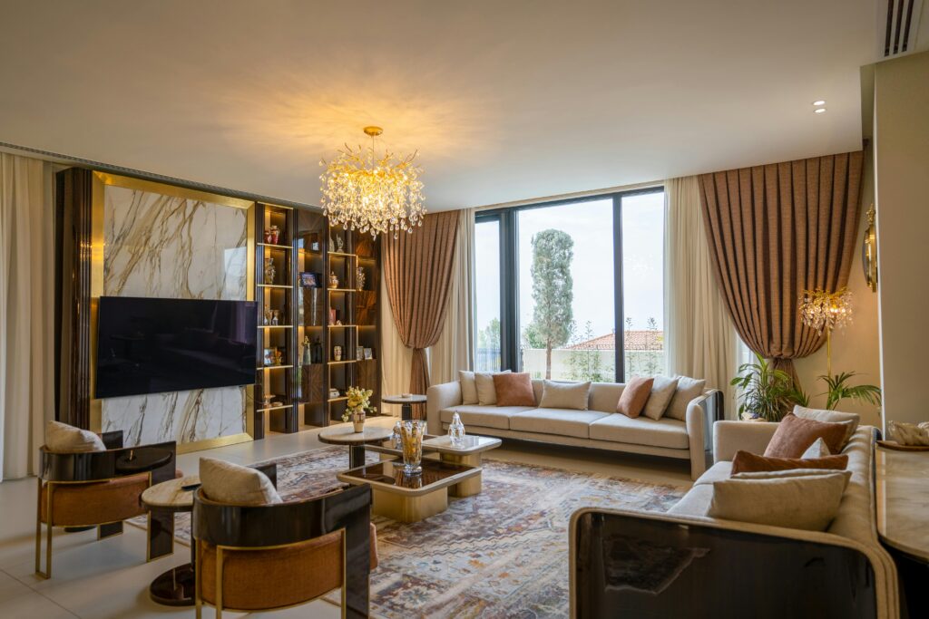 black and gold modern living room